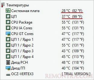 В подразделе Температуры можно увидеть температуру комплектующих компьютера В подразделе Температуры можно увидеть температуру комплектующих компьютера